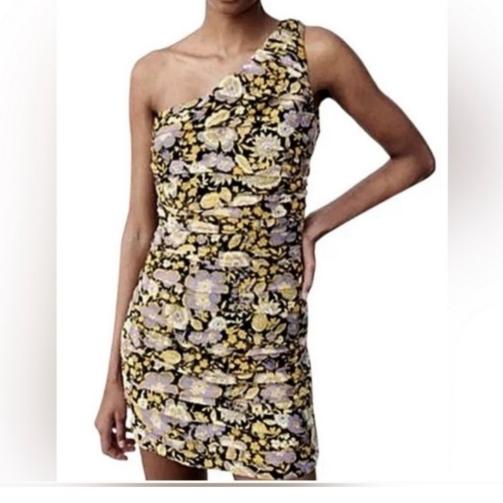 ✨Zara | Floral One Shoulder Rushed Mini Cocktail Dress. *NWOT*